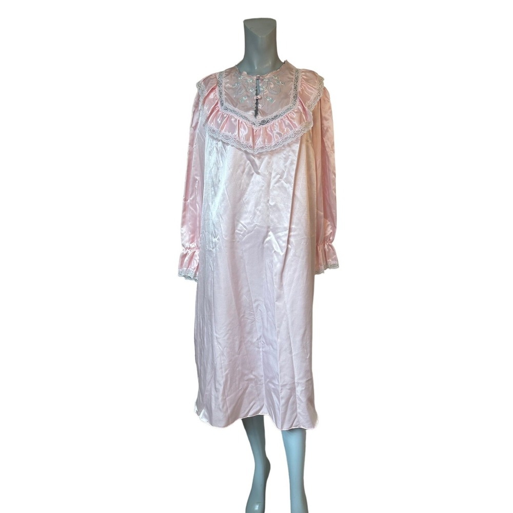 Vtg Jaclyn Smith L Pink‎ Long Sleeve Nightgown Lace Accents Embroidered Modest